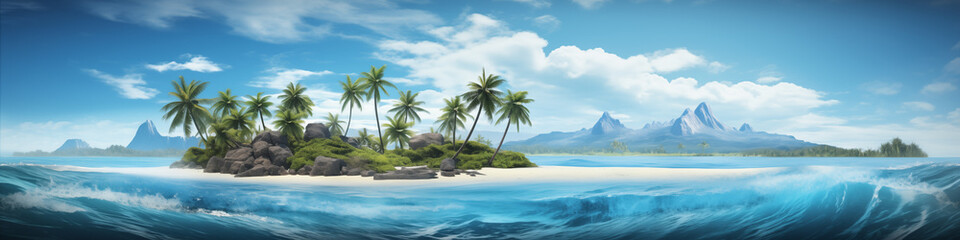 Wide panoramic photo of the ocean and the green island