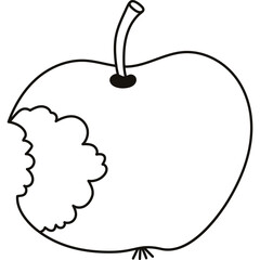 Cute doodle bitten apple with stub. Simple green apple with bite as symbol of snack at school, organic nutrition, fitness food. Hand drawn outline illustration isolated on white background.