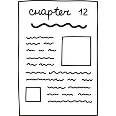 Doodle page of book with chapter and pictures. Cute concept of reading lovers, kids learning, study. Academic book, literature, encyclopedia. Back to school supply. Hand drawn outline illustration