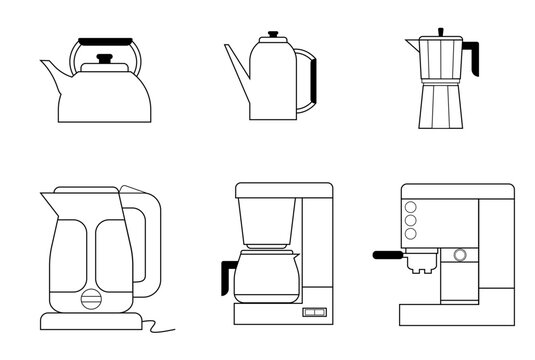 Set de iconos de cocina. Pava, pava el&eacute;ctrica, cafetera, cafetera italiana, cafetera el&eacute;ctrica y cafetera express en blanco y negro.