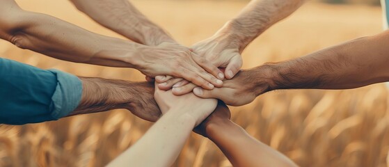 Group of diverse hands joined together in unity and teamwork, symbolizing collaboration and solidarity in a natural outdoor setting.