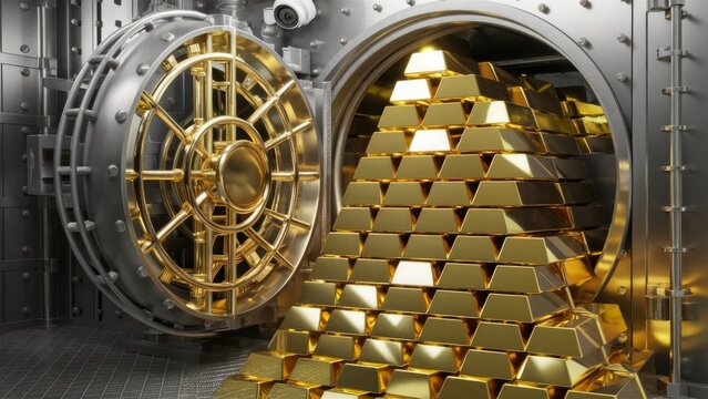 Stack of gold bars in bank vault, Financial concepts
