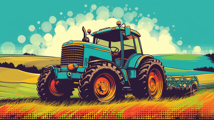 Obraz premium Pop art concept Farm, Harvest, tractor. Colorful background in pop art retro comic style.