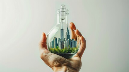 A hand holding a glass jar with a city inside