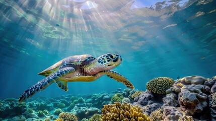 Fototapeta premium Majestic Hawksbill Turtle Gracefully Swimming Through Vibrant Coral Reef Paradise