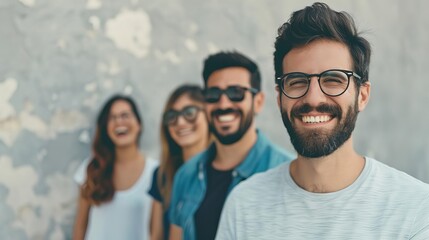 Obraz premium Group of friends smiling and enjoying their time together outdoors, standing against a rustic wall and looking happy and relaxed.