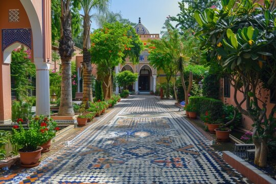 Historic Courtyard in Tlemcen with Ornate Mosaic Pathway and Lush Greenery