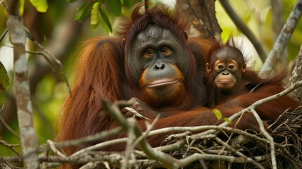 Obraz premium Bond of Protection: Endangered Bornean Orangutan Mother and Baby Nestled Safely in Treetop Haven