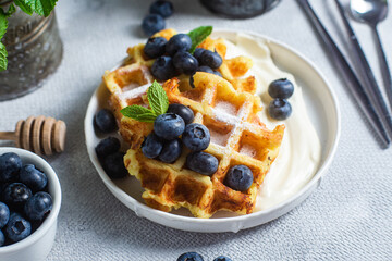Belgian waffles with sour cream and blueberries in a plate