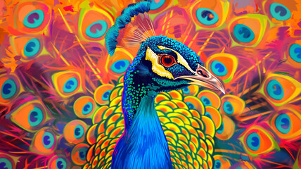 Obraz premium Pop art concept Luxury peacock. Colorful background in pop art retro comic style.
