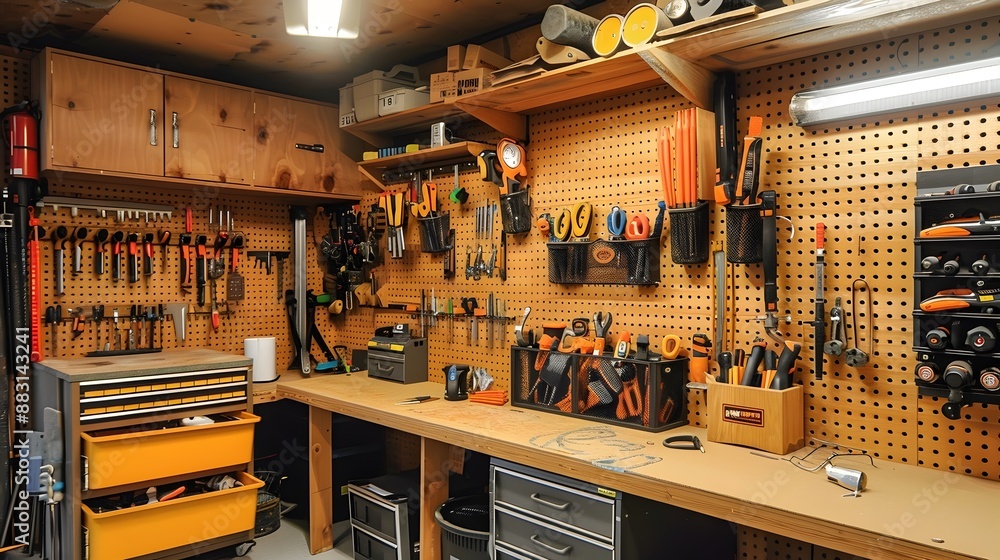 Poster organized workshop with modular pegboard tool storage solutions