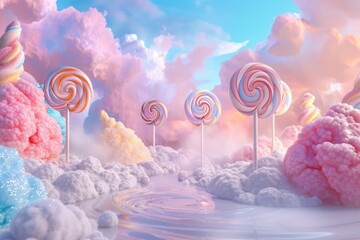 Whimsical candyland scene with lollipops, cotton candy, and clouds