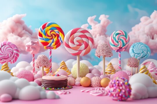 Lollipops, candy, and cake are arranged in a whimsical setting, creating a delightful candyland scene
