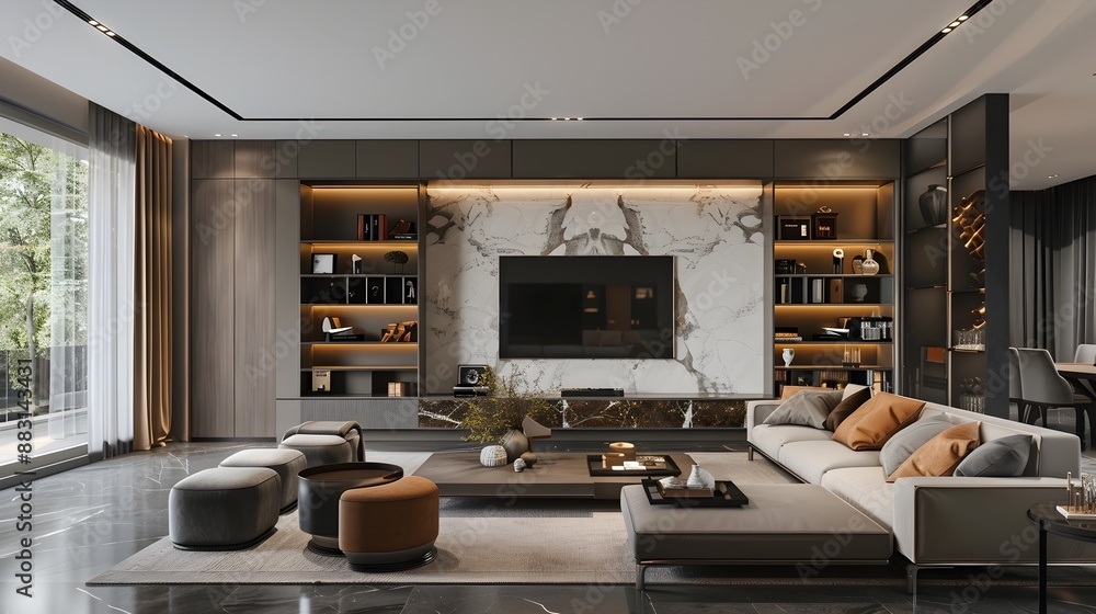 Poster elegant home with discreet built-in storage solutions maximizing space