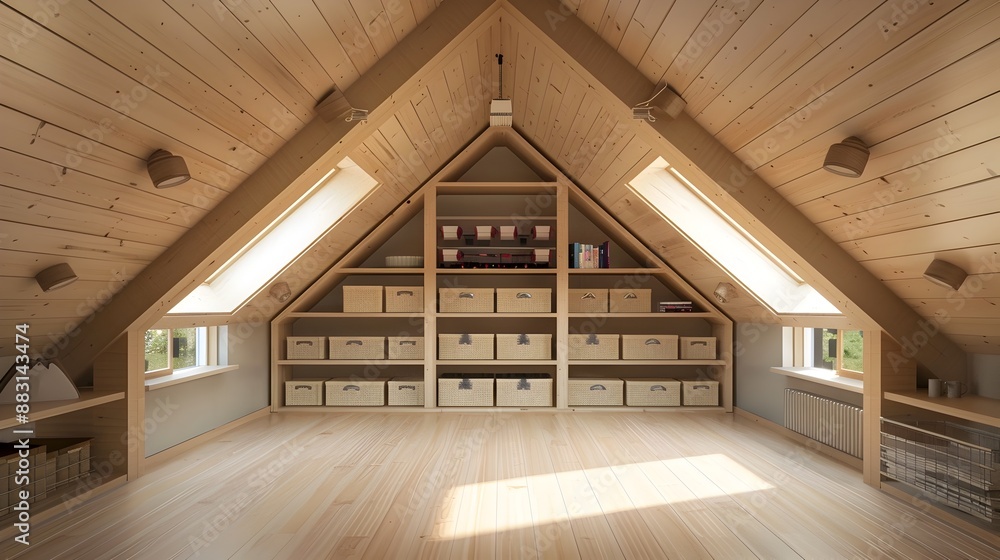 Poster spacious attic with custom shelving and storage bins for organized and efficient home storage