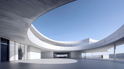 Obraz premium A modern concrete building with an open circular floor, surrounded by a large wall and entrance doors on the left side of the frame. The background is a light blue sky. A large white curved ceiling