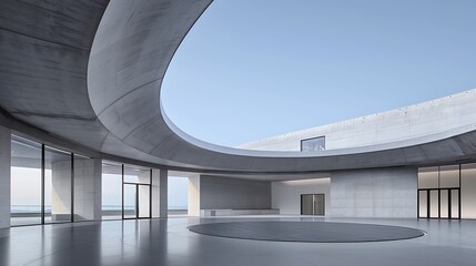 Obraz premium A modern concrete building with an open circular floor, surrounded by a large wall and entrance doors on the left side of the frame. The background is a light blue sky. A large white curved ceiling