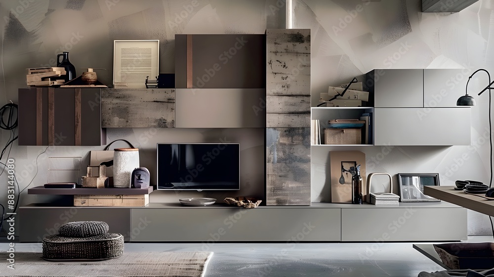 Poster modular living room with customizable storage solutions for efficient space utilization