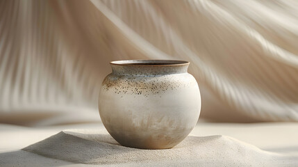 Minimalist Natural taupe ceramic vase, front view focus, with clean sand zen background, ideal for wellness and spa product displays