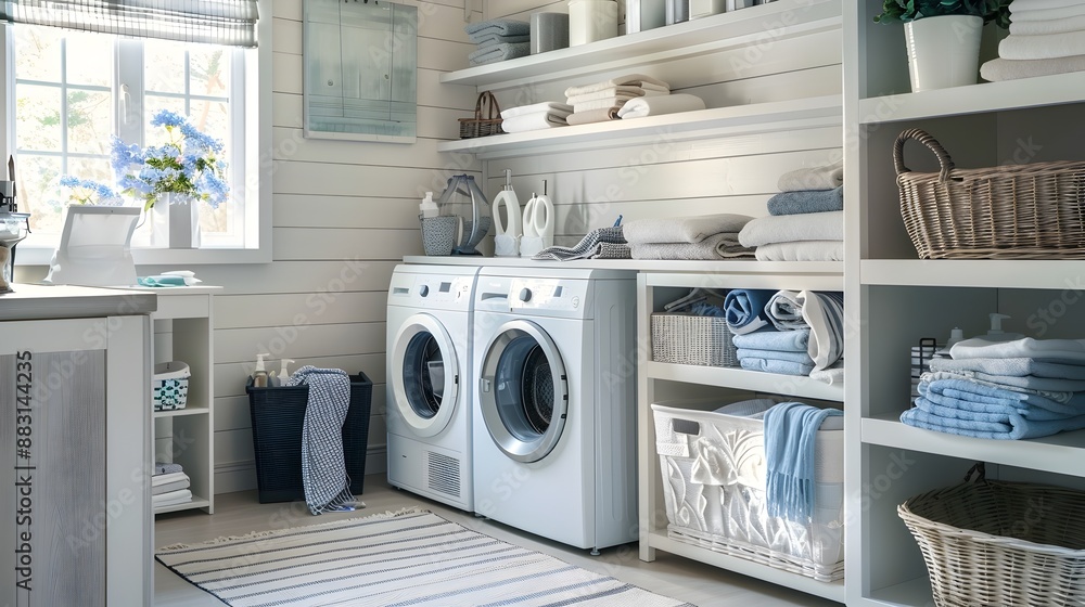 Poster tidy and efficient laundry room with practical storage spaces