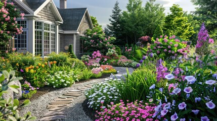 Obraz premium Suburban Cape Cod homea??s backyard designed as an English cottage garden, complete with a variety of flowers and a stone path