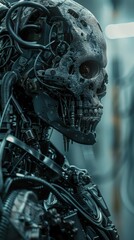 Fototapeta premium Visualize eerie bio-mechanical enhancements up close in a futuristic laboratory Blend organic textures with metallic sheen for a spine-chilling horror effect Employ a digital mixed