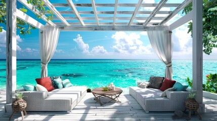 Luxurious beach villa seating area realistic drawing with wicker furniture, ocean view in maldives