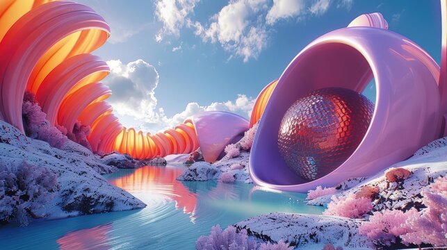 Step into a dreamlike world where surrealism meets virtual reality Explore unconventional perspectives with a worms-eye view Imagine vibrant