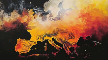 Europe heatwave map  intense red and orange in west and south, heat haze, black background