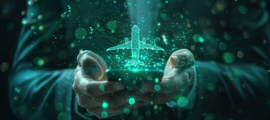 Fototapeta premium A person is holding a smartphone with a holographic image of an airplane floating above it
