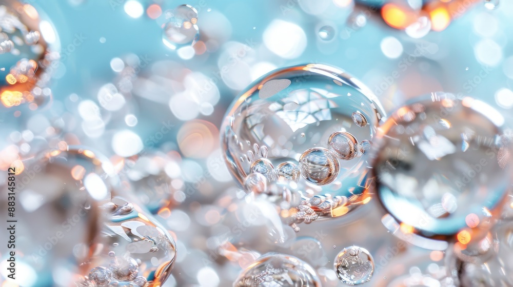 Poster a pristine image capturing transparent bubbles suspended in mid-air, with shiny reflections and intr