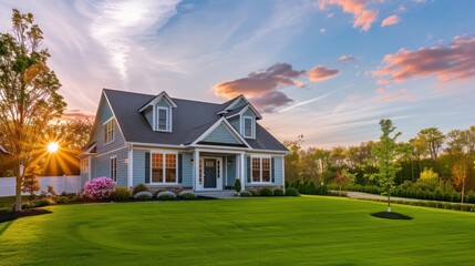 Suburban Cape Cod home during a vibrant spring day, its exterior freshly painted and the lawn perfectly green
