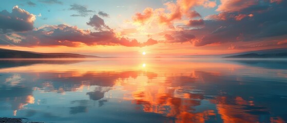 Fototapeta premium Golden hour clouds reflecting off a calm lake, creating a mirror effect in 4K.