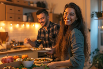 Diverse couple preparing food together in a cozy kitchen setting with autumn decorations. They are smiling and enjoying the activity. Concept of togetherness, cooking, and celebration