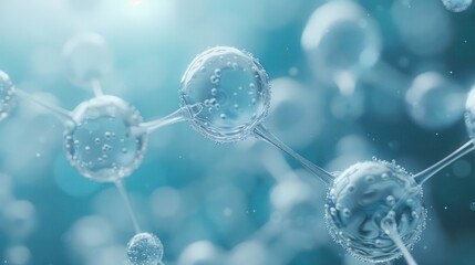 A microscopic view of a water molecule with multiple atoms connected by bonds in a blue background