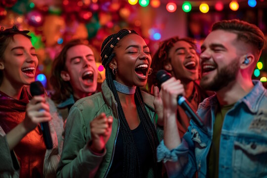 Young multiracial friends singing karaoke at a party with colorful lights. They are having fun and enjoying the energetic atmosphere. Concept of celebration, party, togetherness, and music