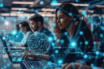 A young woman works on a laptop in an office setting, with a glowing network globe illustration overlaid on the image