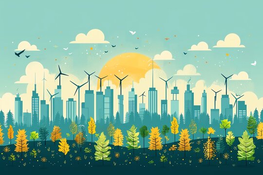Illustration of a green cityscape with wind turbines and trees, embodying renewable energy and environmental sustainability.