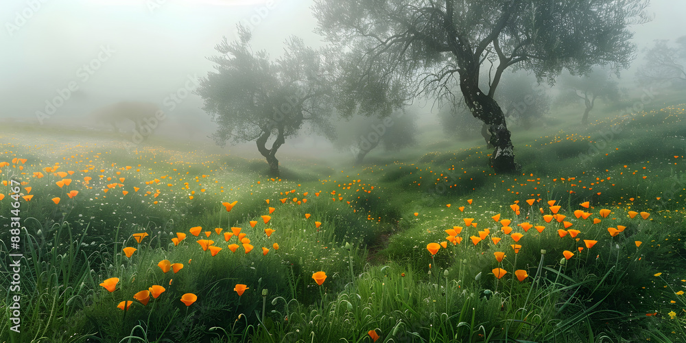 Poster Fields with trees in fog