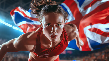 Female Athlete with Union Jack Flag, Intense Expression, Running in Stadium, British Sports Event

