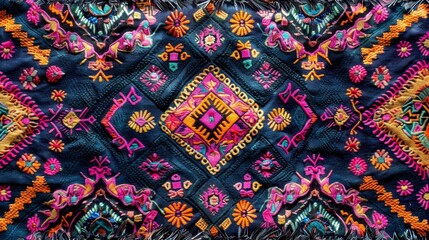 Woven fabric texture with intricate tribal patterns and vibrant colors, perfect for bohemianinspired wallpapers and eclectic graphic projects.,