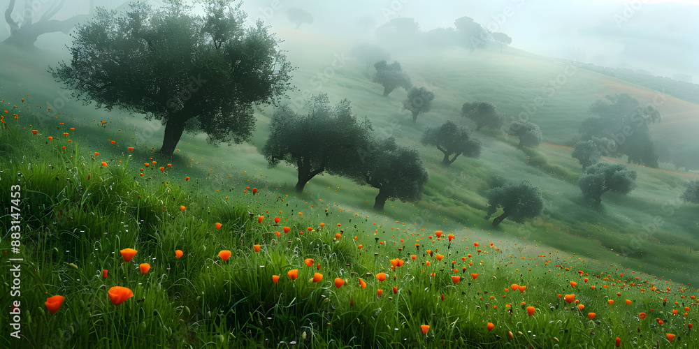 Poster Fields with trees in fog