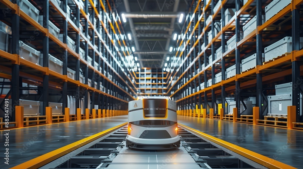 Poster high-tech robotic warehouse with streamlined storage and retrieval solutions