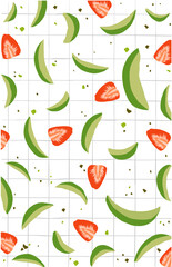 Slices of avocado and strawberry on a white line background