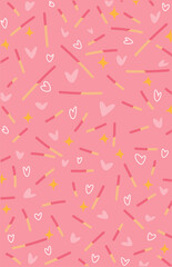 Strawberry sticks and heart shapes on a pink background