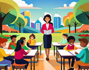 Fototapeta premium Diverse Outdoor Classroom: Teacher with Students Learning, Summer Education Fun