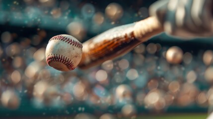 A thrilling moment captured as a baseball bat connects with a baseball mid-air, with multiple blurred baseballs and a stadium backdrop conveying the intensity of the game.