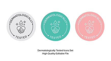Dermatologically tested icons logo set download, dermatologist tested icon, for cosmetic packaging download line style vector pastel colours illustration © doodles