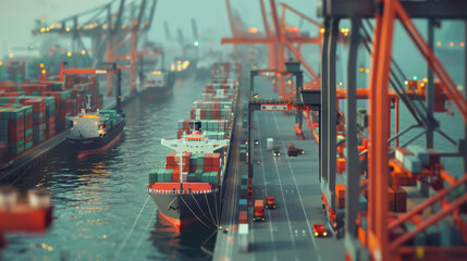 Busy container port with cargo ships and cranes loading and unloading shipping containers at the dock