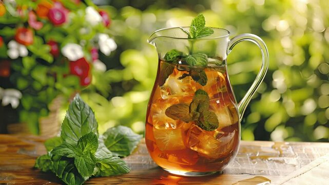A pitcher of homemade iced tea is infused with fresh mint leaves perfect for a hot summer day.
